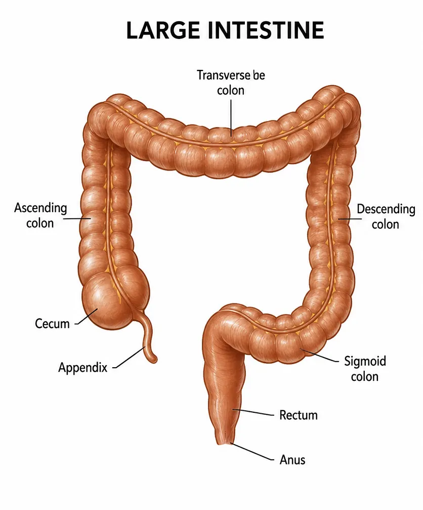 Anatomical illustration showing the large intestine with labeled parts: cecum, ascending colon, transverse colon, descending colon, sigmoid colon, rectum, and anus.
